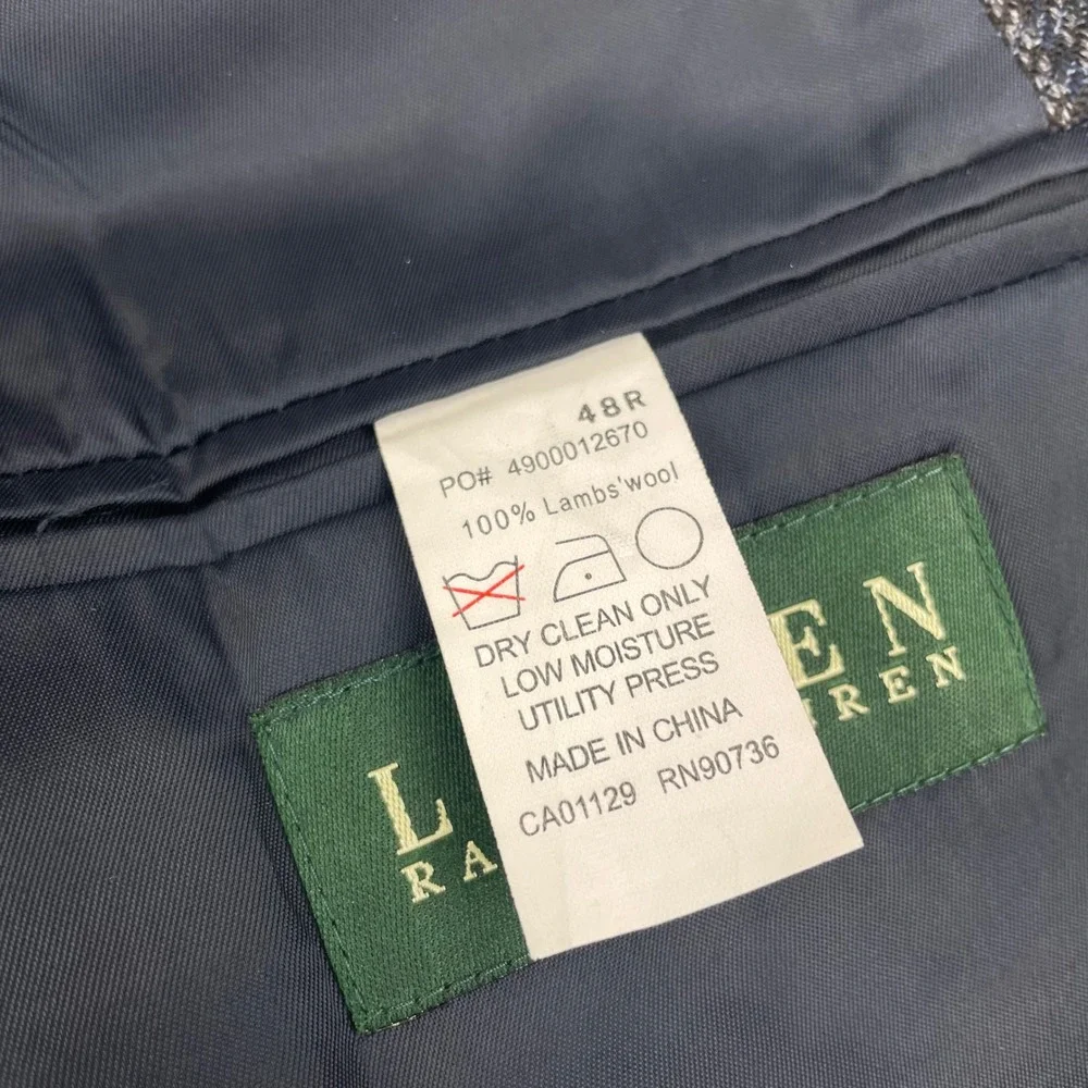 Lauren Ralph Lauren Men 48R 100% Lambswool Blazer Grey Houndstooth Sport Coat